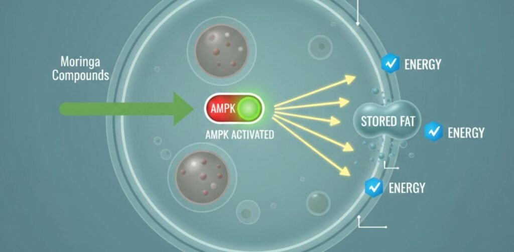 Diagram showing AMPK activation for fat burning with Moringa.