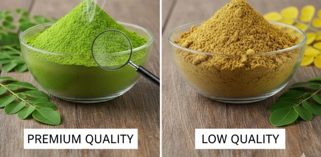 High quality green moringa vs low quality brown moringa powder.