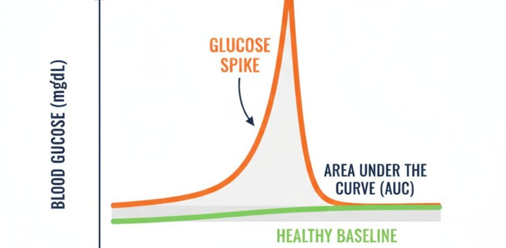 Glucose spike vs baseline recovery curve on CGM.