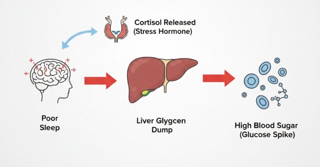 Sleep deprivation cortisol glucose spike diagram.