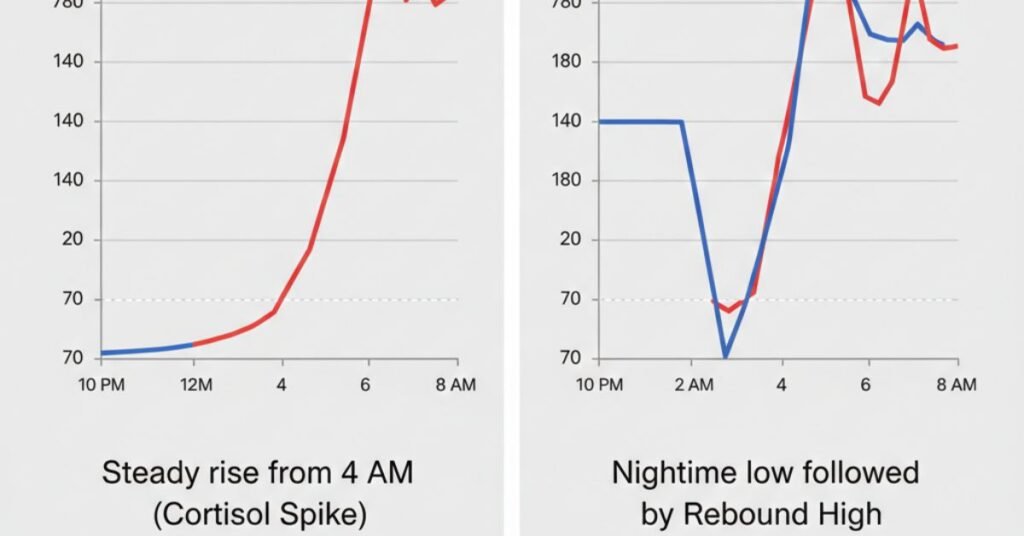 Dawn phenomenon vs Somogyi effect CGM graph comparison.