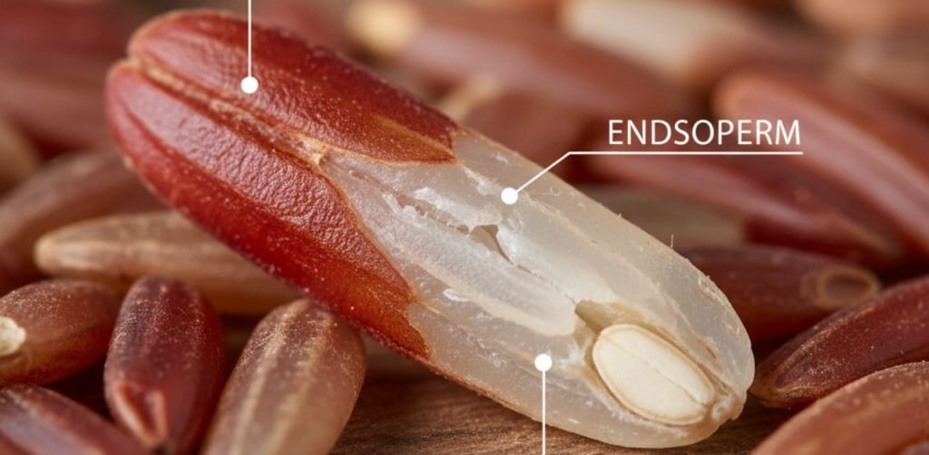 : Structure of red rice grain showing nutrient layers.