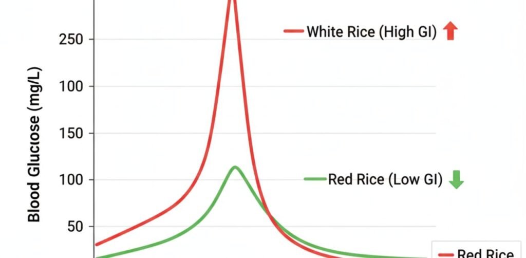 : Glycemic response graph comparing white rice and red rice.