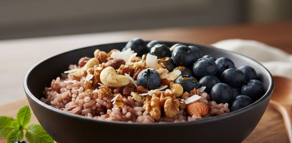 Healthy red rice breakfast bowl with antioxidants.