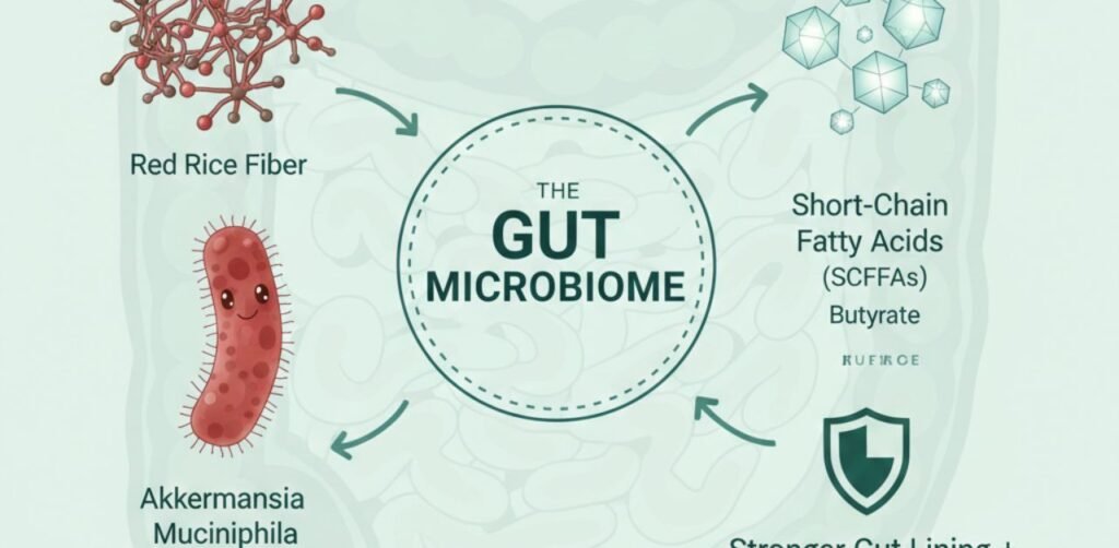 Diagram showing prebiotic fiber feeding beneficial gut bacteria.