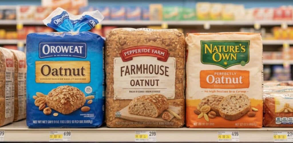 Popular oatnut bread brands Oroweat and Pepperidge Farm in USA grocery stores.