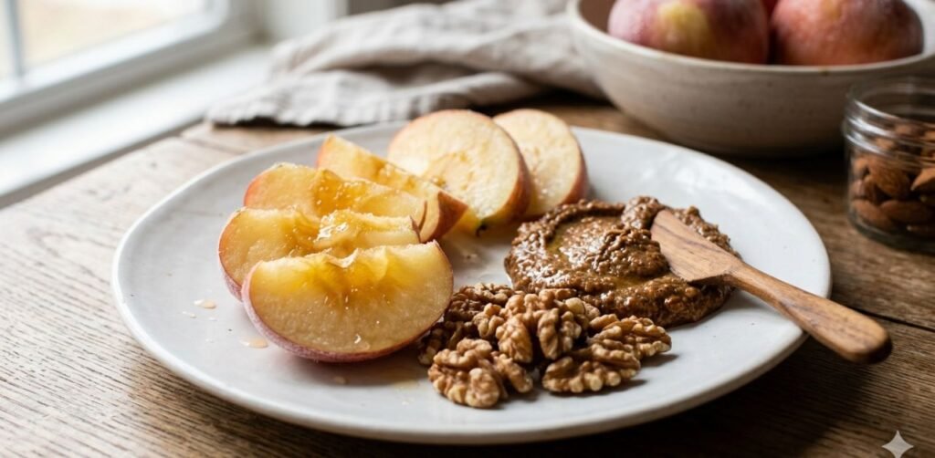  Diabetes friendly serving of ice apple with almond butter and nuts.
