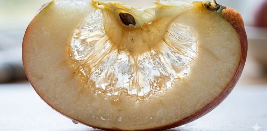 Natural water core in Fuji apple showing sorbitol crystallization.