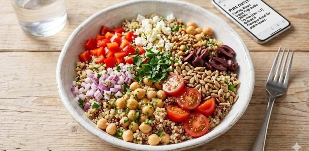 Low glycemic quinoa and chickpea salad for stable fasting blood sugar."