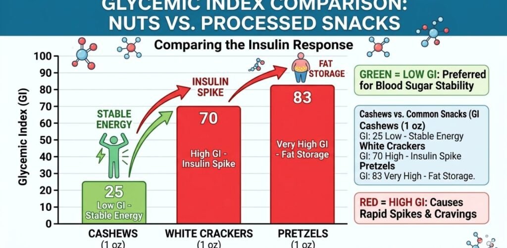 Cashews vs. Common Snacks (GI Comparison)