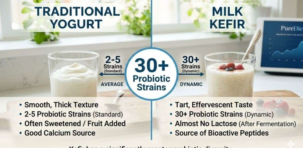 Infographic comparing Kefir vs Yogurt probiotic diversity.