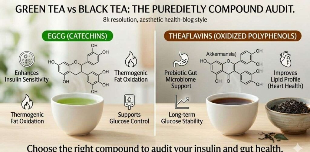 Nutritional comparison table of green and black tea metabolic impact.