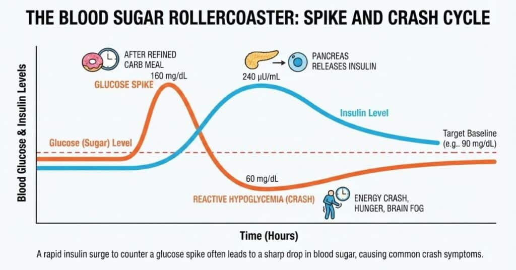 Blood sugar spike and insulin crash chart infographic