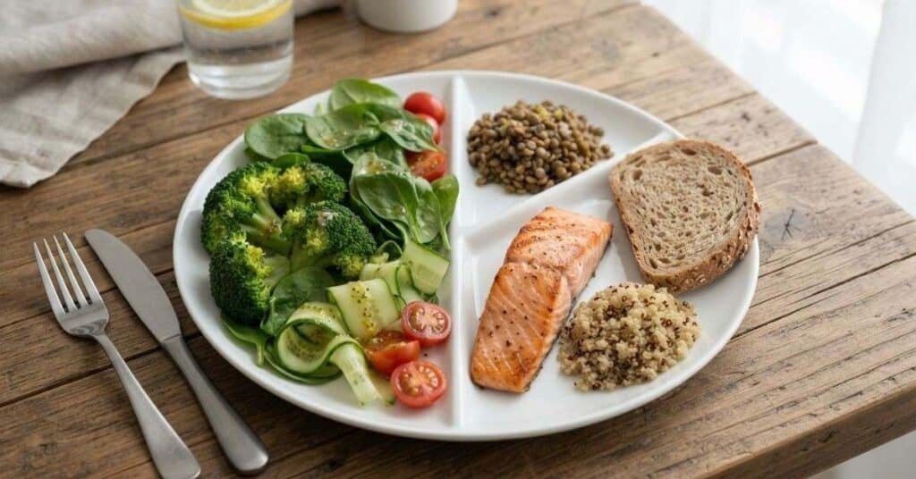 Correct meal sequencing plate with fiber and protein first