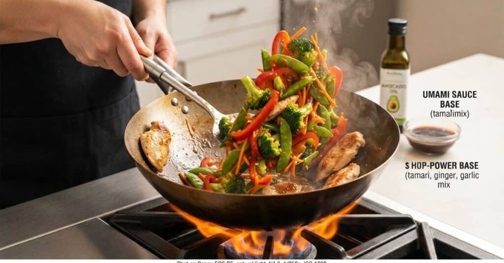 Healthy chicken and soy sauce stir-fry plated with broccoli and sesame seeds