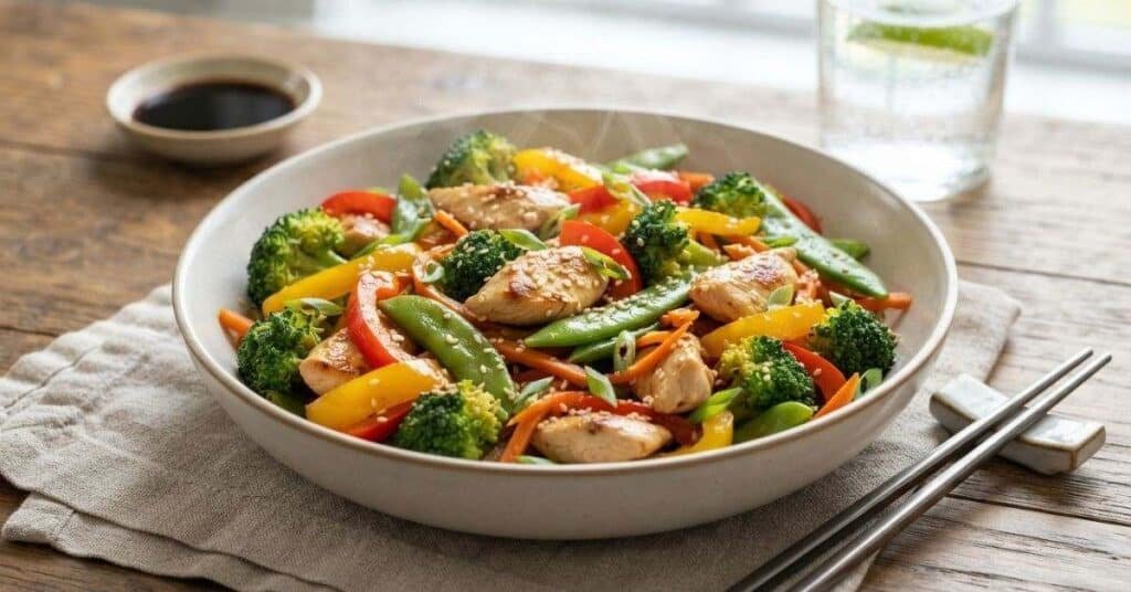 Cooking healthy chicken stir-fry in a hot skillet