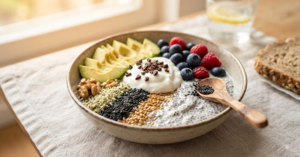 Balanced healthy plate with whole foods and seeds
