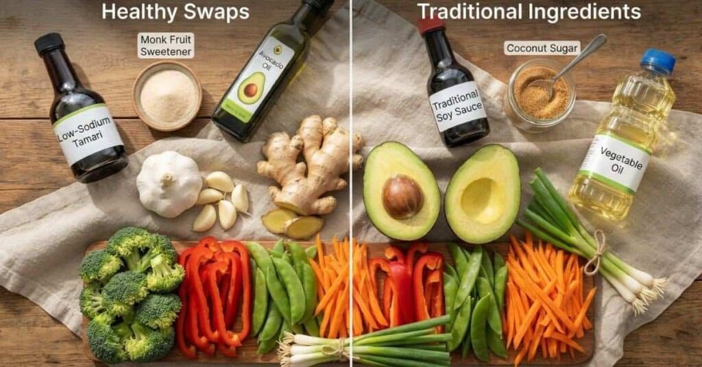 Clean ingredients for healthy stir-fry including ginger and low-sodium aminos