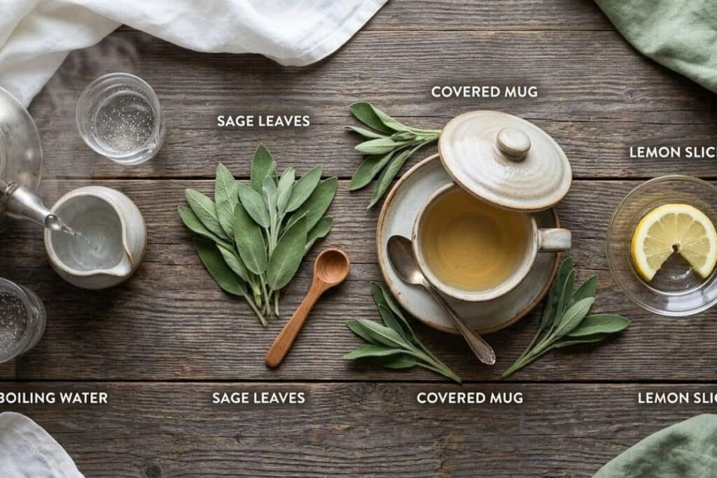 Step-by-step brewing guide for fresh sage tea with lemon for diabetic care
