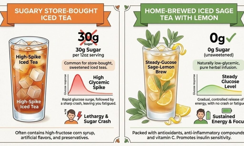 Side by side comparison of sugary iced tea vs natural sugar free iced sage tea